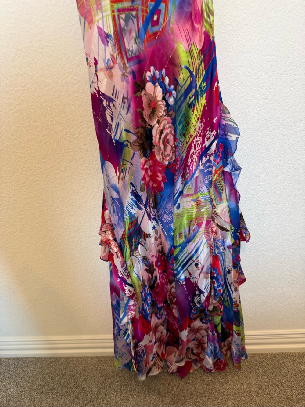 VINTAGE Y2K Caché 100% Silk Ruffle Floral Maxi Gown – Size 0 ✨✨✨ - Picture 9 of 13
